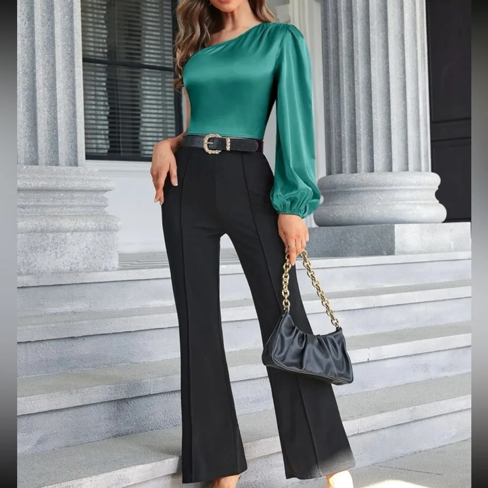 Luxe red one shoulder lantern sleeve blouse - Picture 12 of 16